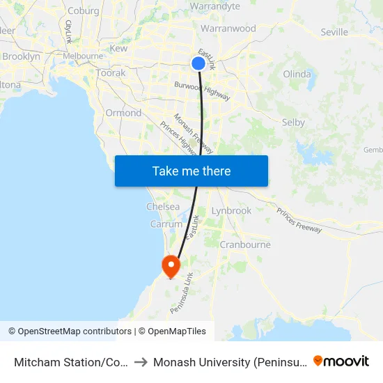 Mitcham Station/Colombo St to Monash University (Peninsula Campus) map