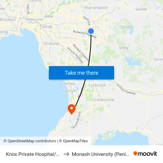 Knox Private Hospital/Mountain Hwy to Monash University (Peninsula Campus) map