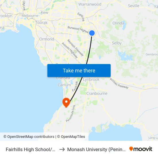 Fairhills High School/Scoresby Rd to Monash University (Peninsula Campus) map
