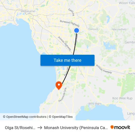 Olga St/Rosehill St to Monash University (Peninsula Campus) map