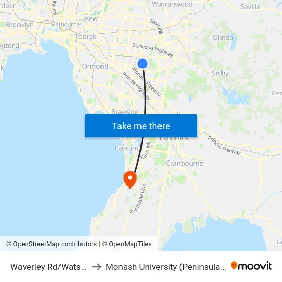 Waverley Rd/Watsons Rd to Monash University (Peninsula Campus) map