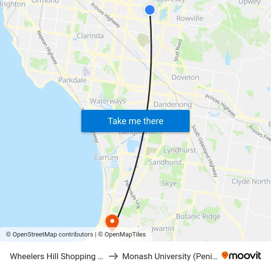 Wheelers Hill Shopping Centre/Jells Rd to Monash University (Peninsula Campus) map