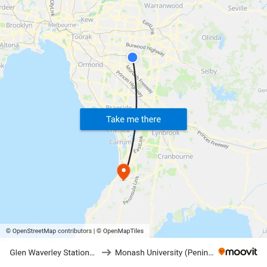 Glen Waverley Station/Railway Pde to Monash University (Peninsula Campus) map