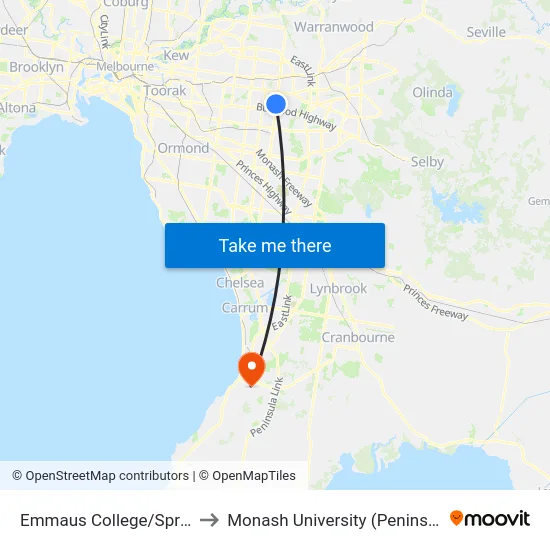 Emmaus College/Springvale Rd to Monash University (Peninsula Campus) map