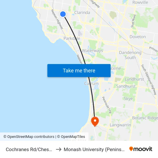 Cochranes Rd/Chesterville Rd to Monash University (Peninsula Campus) map