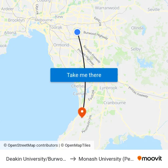 Deakin University/Burwood Hwy to Monash University (Peninsula Campus) map