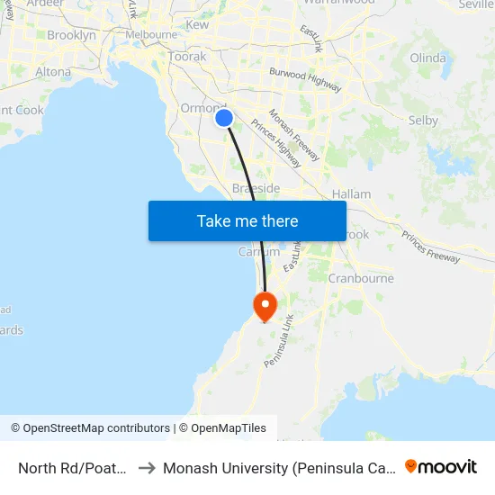 North Rd/Poath Rd to Monash University (Peninsula Campus) map