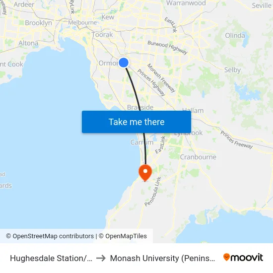 Hughesdale Station/Poath Rd to Monash University (Peninsula Campus) map