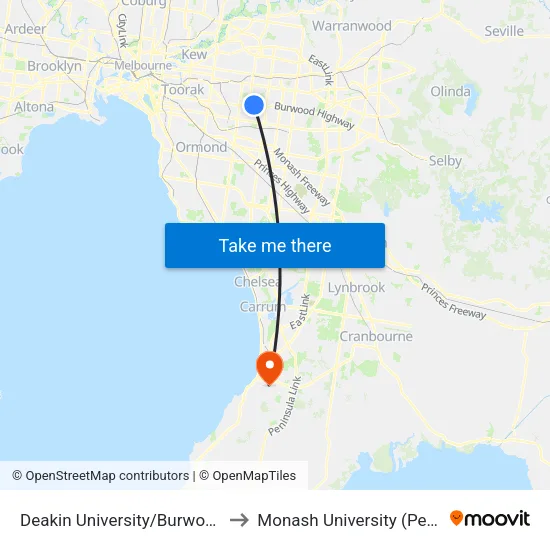 Deakin University/Burwood Hwy to Monash University (Peninsula Campus) map