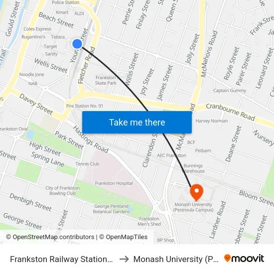 Frankston Railway Station/Young St to Monash University (Peninsula Campus) map