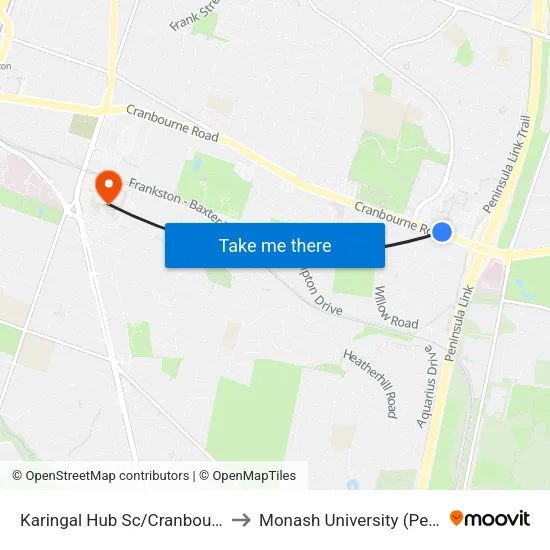 Karingal Hub Sc/Cranbourne Rd to Monash University (Peninsula Campus) map