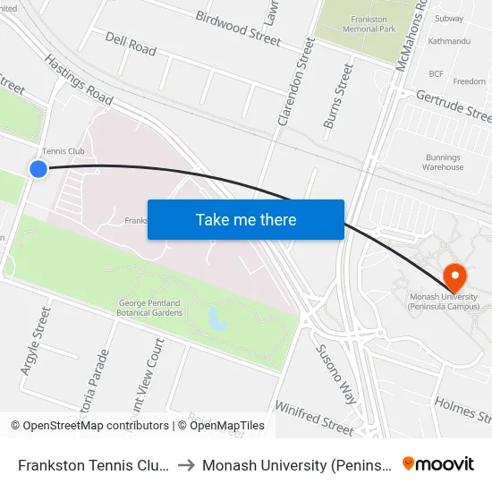 Frankston Tennis Club/Yuille St to Monash University (Peninsula Campus) map