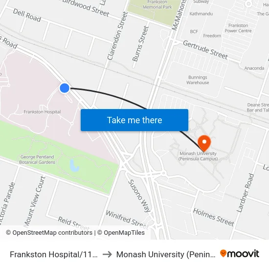 Frankston Hospital/11 Hastings Rd to Monash University (Peninsula Campus) map
