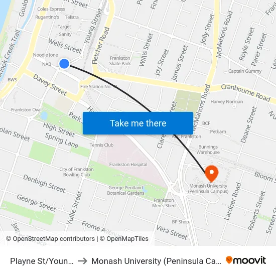Playne St/Young St to Monash University (Peninsula Campus) map