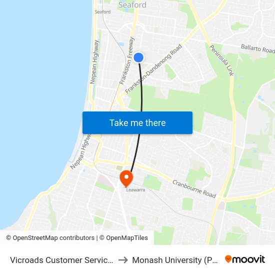Vicroads Customer Service Center/Hartnett Dr to Monash University (Peninsula Campus) map