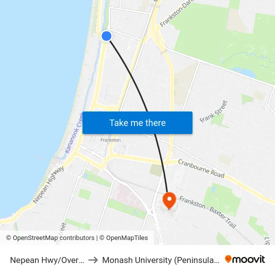 Nepean Hwy/Overton Rd to Monash University (Peninsula Campus) map