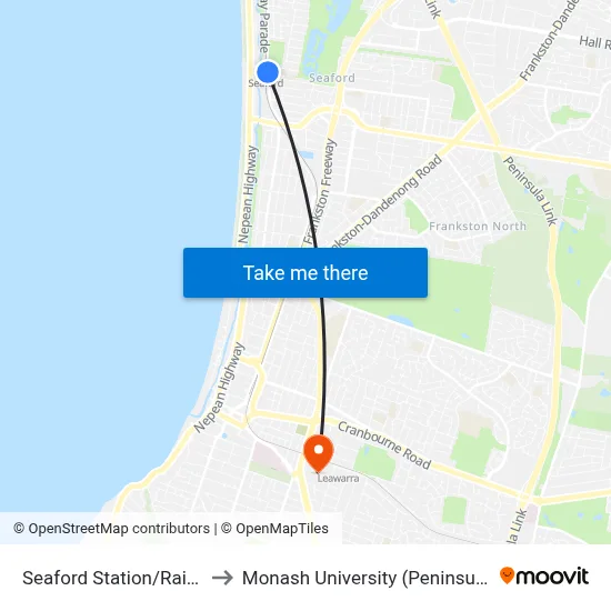 Seaford Station/Railway Pde to Monash University (Peninsula Campus) map
