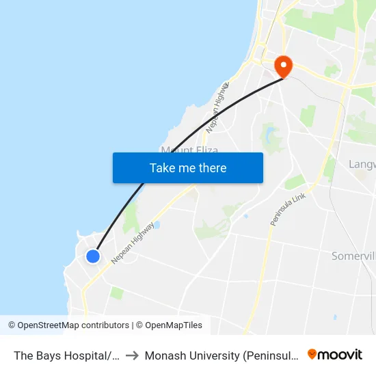 The Bays Hospital/Main St to Monash University (Peninsula Campus) map
