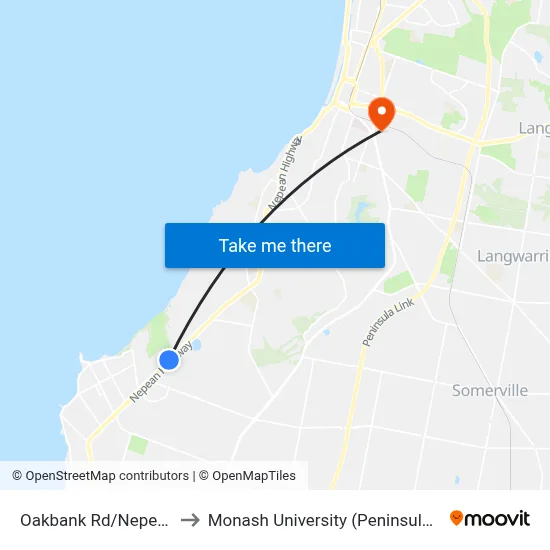 Oakbank Rd/Nepean Hwy to Monash University (Peninsula Campus) map