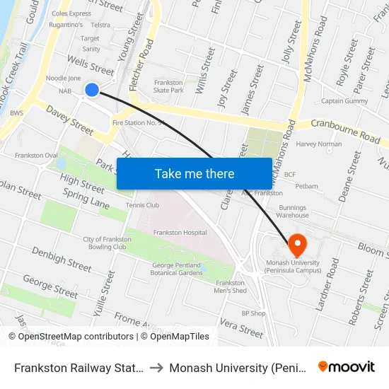 Frankston Railway Station/Young St to Monash University (Peninsula Campus) map