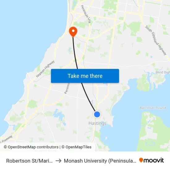 Robertson St/Marine Pde to Monash University (Peninsula Campus) map