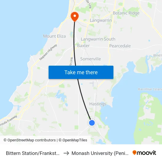 Bittern Station/Frankston-Flinders Rd to Monash University (Peninsula Campus) map