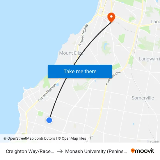 Creighton Way/Racecourse Rd to Monash University (Peninsula Campus) map