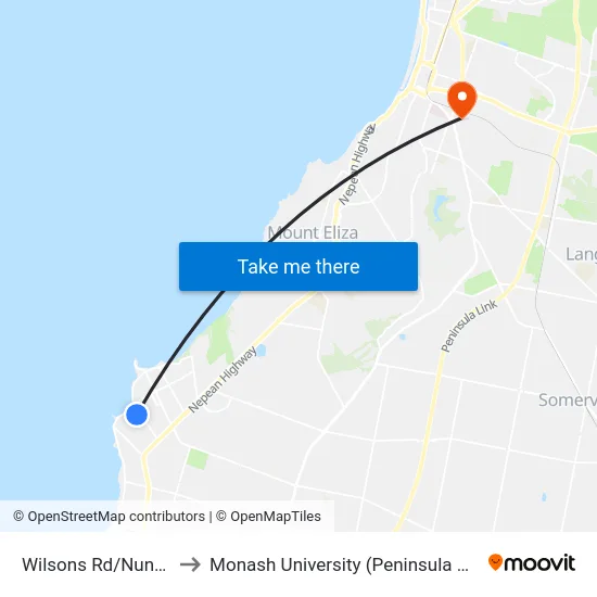 Wilsons Rd/Nunns Rd to Monash University (Peninsula Campus) map