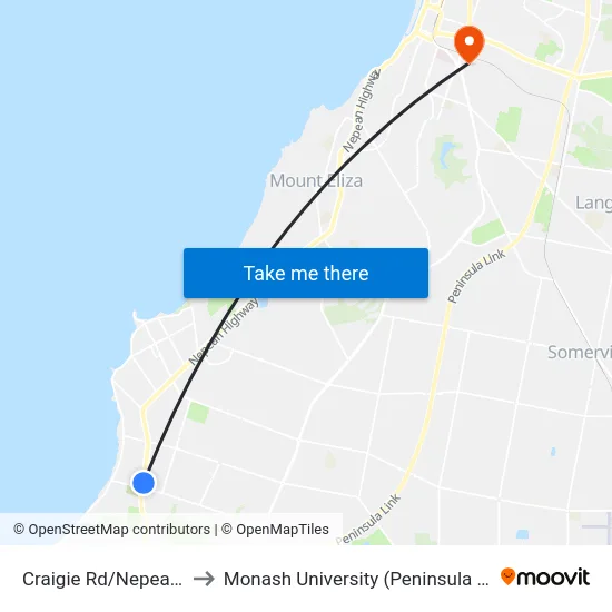 Craigie Rd/Nepean Hwy to Monash University (Peninsula Campus) map