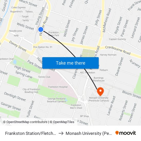 Frankston Station/Fletcher Rd (Frankston) to Monash University (Peninsula Campus) map