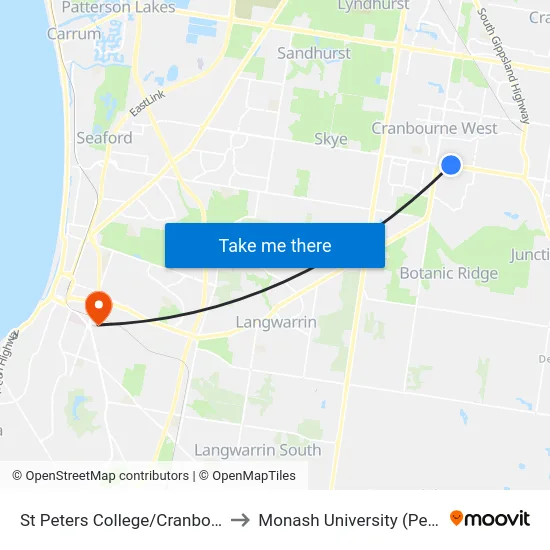 St Peters College/Cranbourne-Frankston Rd to Monash University (Peninsula Campus) map