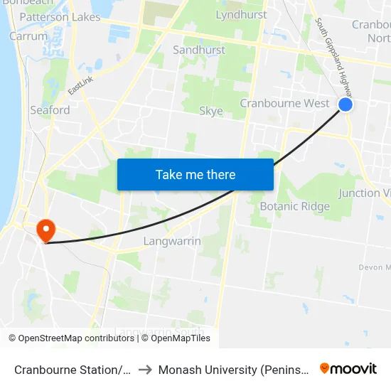 Cranbourne Station/Station St to Monash University (Peninsula Campus) map