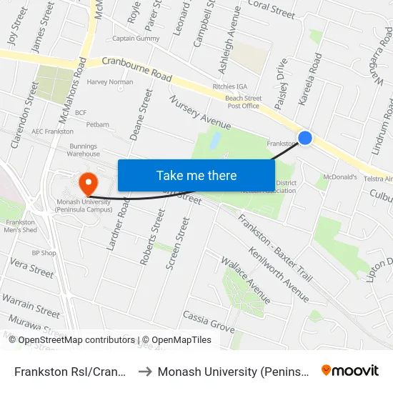 Frankston Rsl/Cranbourne Rd to Monash University (Peninsula Campus) map