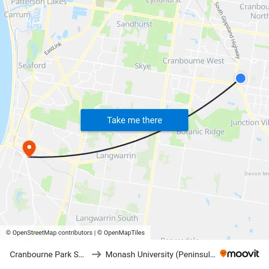 Cranbourne Park Sc/Lyall St to Monash University (Peninsula Campus) map