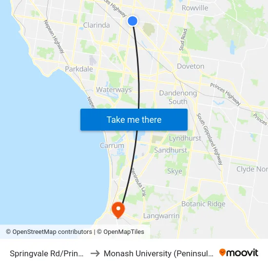Springvale Rd/Princes Hwy to Monash University (Peninsula Campus) map