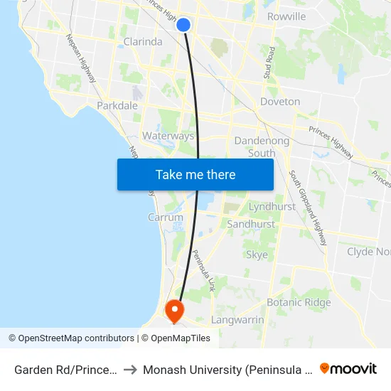 Garden Rd/Princes Hwy to Monash University (Peninsula Campus) map
