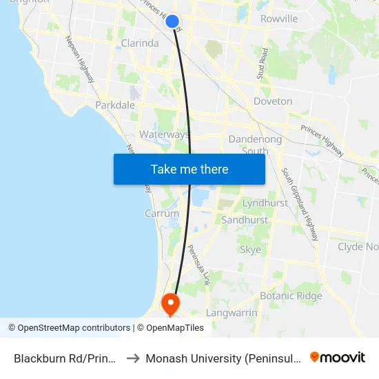 Blackburn Rd/Princes Hwy to Monash University (Peninsula Campus) map
