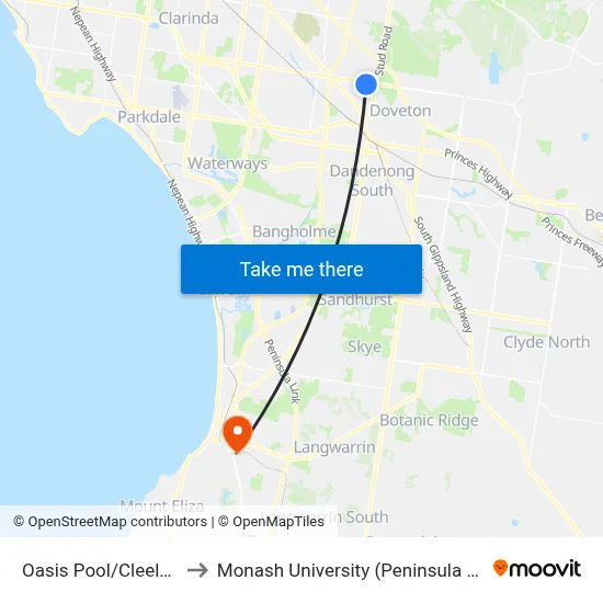 Oasis Pool/Cleeland St to Monash University (Peninsula Campus) map