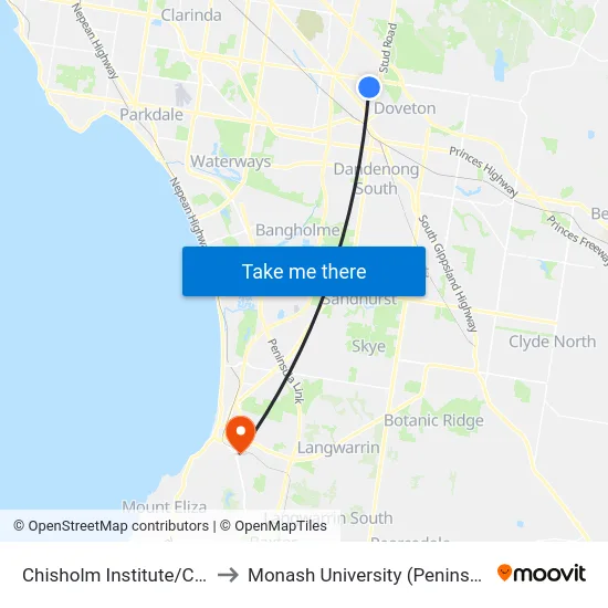 Chisholm Institute/Cleeland St to Monash University (Peninsula Campus) map