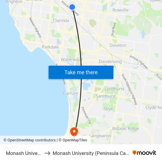 Monash University to Monash University (Peninsula Campus) map