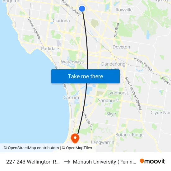 227-243 Wellington Rd to Monash University (Peninsula Campus) map