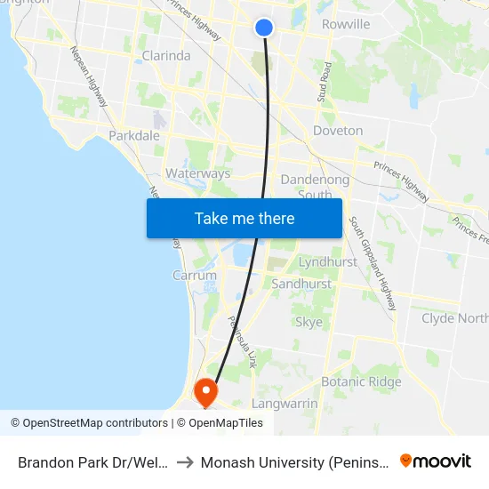 Brandon Park Dr/Wellington Rd to Monash University (Peninsula Campus) map