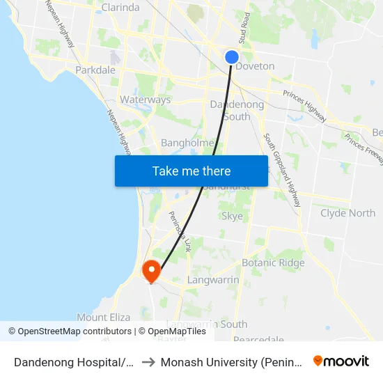 Dandenong Hospital/Cleeland St to Monash University (Peninsula Campus) map