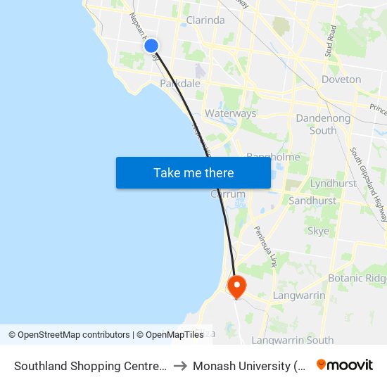 Southland Shopping Centre/Karen St (Cheltenham) to Monash University (Peninsula Campus) map