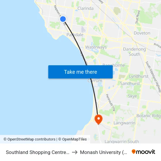 Southland Shopping Centre/Karen St to Monash University (Peninsula Campus) map