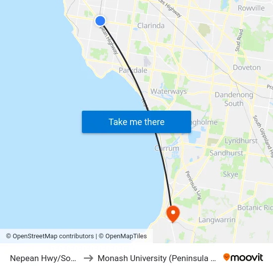Nepean Hwy/South Rd to Monash University (Peninsula Campus) map
