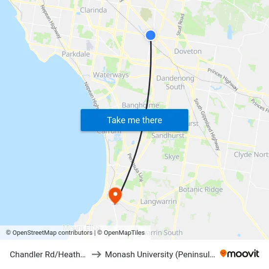Chandler Rd/Heatherton Rd to Monash University (Peninsula Campus) map