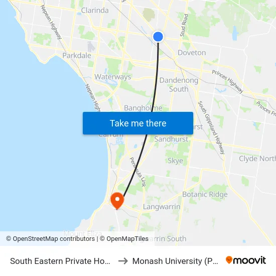 South Eastern Private Hospital/Heatherton Rd to Monash University (Peninsula Campus) map