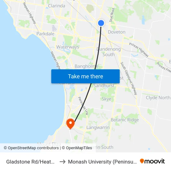 Gladstone Rd/Heatherton Rd to Monash University (Peninsula Campus) map