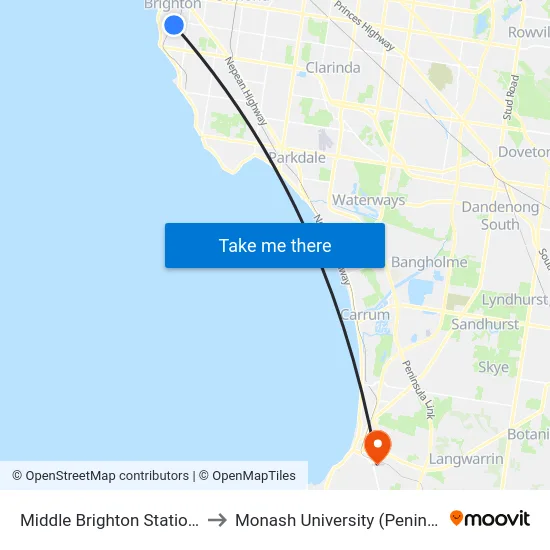 Middle Brighton Station/Church St to Monash University (Peninsula Campus) map